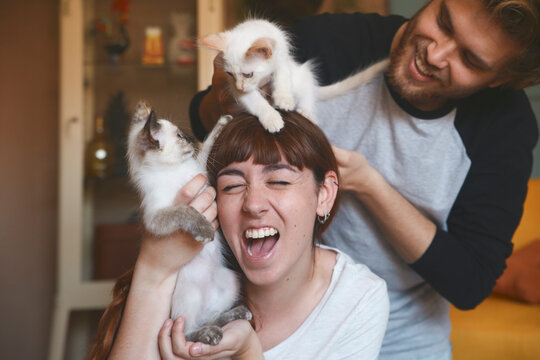 Young couple with kittens at home