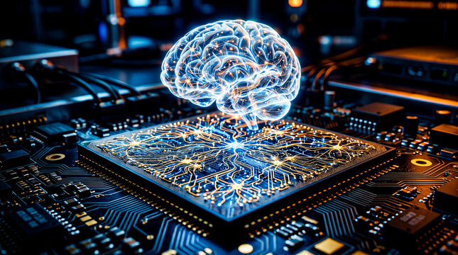 Neuromorphic chip gold blue neuron synapse array brain ghost hologram above, bio-inspired compute