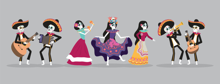 Mexican skeleton mariachi band and dancers celebrating the traditional Day of the Dead festival.