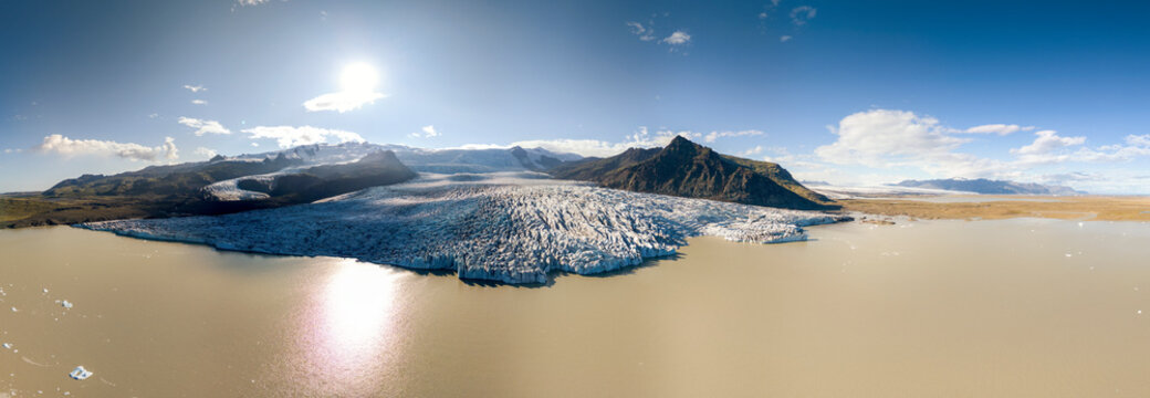 Aerial panorama of Fjallsarlon glacier lagoon in Iceland