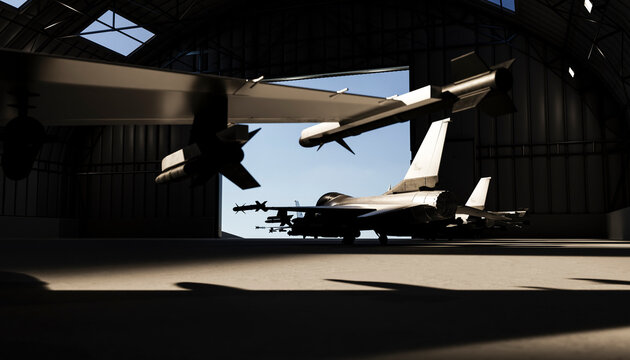 Silhouette of a modern fighter jet parked inside an aircraft hangar