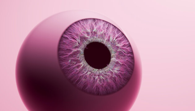 Conceptual 3D rendering of a surreal pink eye and detailed iris