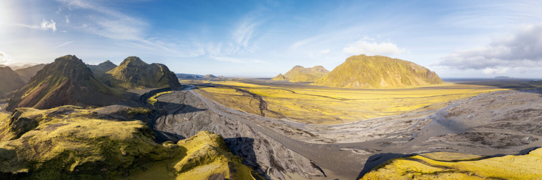 Aerial panorama of Myrdalssandur desert and mountain in Iceland