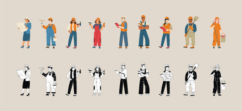 Large vector illustration set of construction workers and engineers in colorful and line art versions.

Collection of industrial professions characters including architects builders and painters.