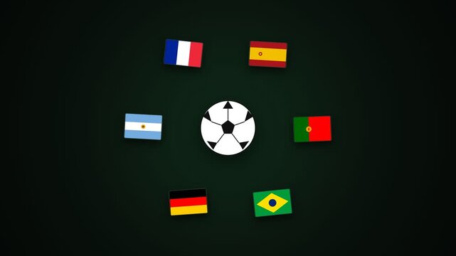 Soccer ball surrounded by rotating flags of Argentina, France, Spain, Portugal, Brazil and Germany