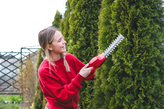 Smiling woman in red sweater trimming backyard hedge with trimmer