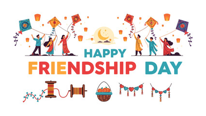 Fototapeta premium Friends Celebrating Friendship Day: People joyfully fly kites and release lanterns under a crescent moon, celebrating Friendship Day with festive decorations and colorful kites.