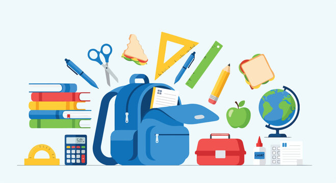 Colorful school supplies surround an open blue backpack