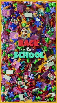 Back to School video background with colorful text and school supplies floating and moving on the screen for social media in 3D animation