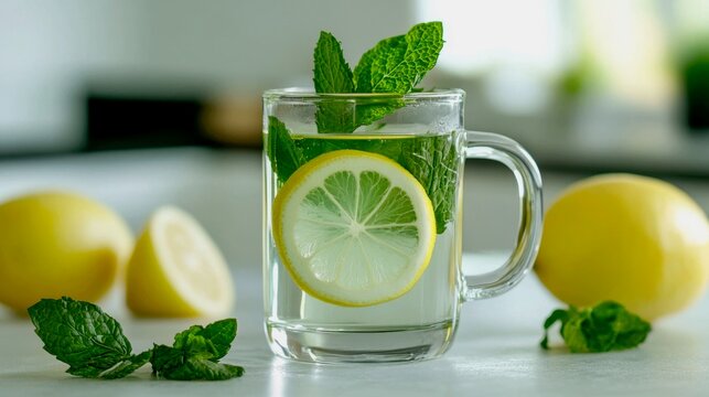 a simple, healthy tea. A clear glass mug is filled with pale green tea, with fresh mint leaves and a thin wheel of lemon floating inside