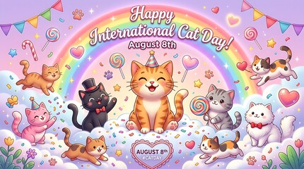 Fototapeta premium Celebrate happy international cat day with cute cartoon kittens and colorful festive decorations on august eighth