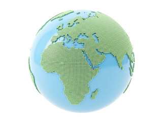 Fototapeta premium Abstract digital Earth planet icon isolated on transparent background. Global technology and communications concept with pixel art map.