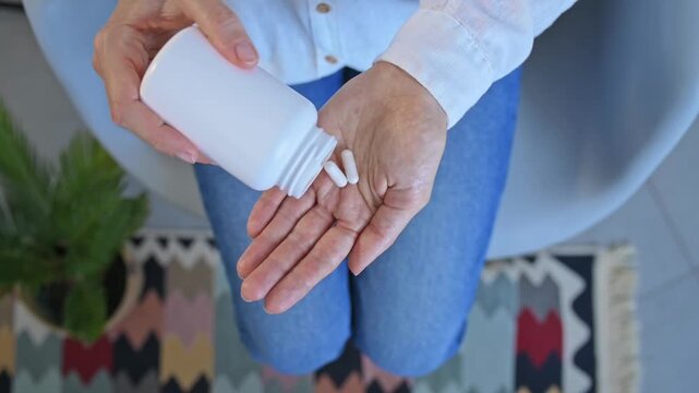 Woman holding white pills from bottle presents vitamins concept, nutrient support, dietary supplementation for preventive care, branding, pharmacy promotion, educational and lifestyle content.