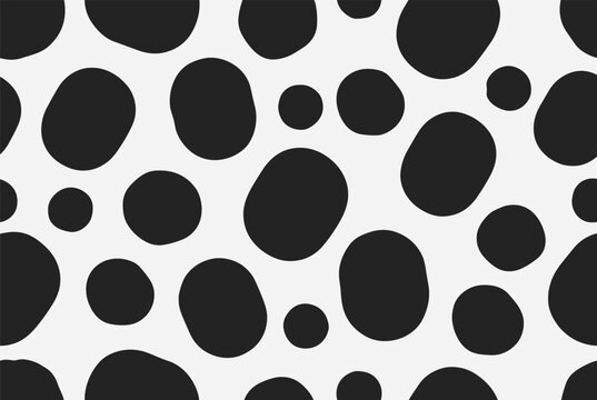 Abstract pattern of irregular black spots on a white background creating a dalmatian or cow hide texture design.