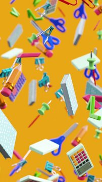 Back to School endless looping video with school supplies falling in slow motion on vibrant yellow background in 3D animation for social media