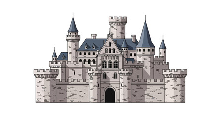 Grand medieval stone castle with fortified towers and turrets © Alfianto