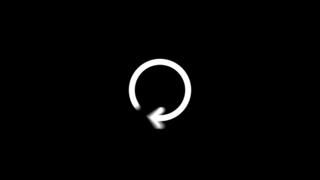 White reload icon animation with rotating circular arrows on a black background. Symbolizing refresh, data update, and recycle concepts.