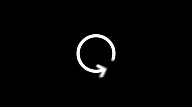White reload icon animation with rotating circular arrows on a black background. Symbolizing refresh, data update, and recycle concepts.