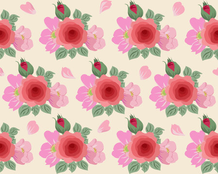 Seamless floral pattern of delicate rose flower bouquet, botanical blossom pink spring flowers. Lovely floral background in sweet colors. Vector illustration