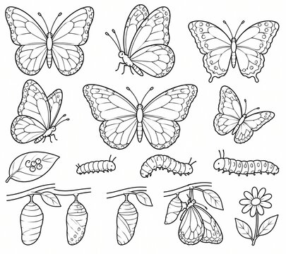 Butterflies and caterpillars line art set coloring page with insects and flowers outline illustration