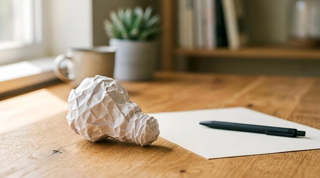 White Crumpled Paper Ball next to Blank Notebook for Writer Block Concept