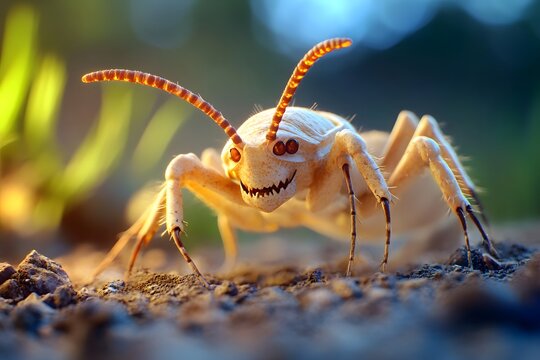 A sand colored bug like monster with large antennae and numerous legs, appearing through a dense atmospheric haze