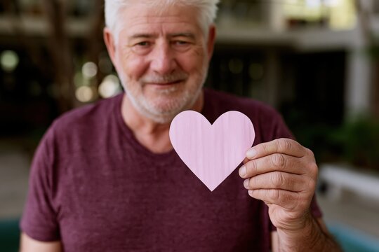 Senior man presenting pink heart cutout for compassion campaign banner and charitable background design