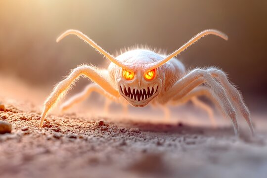 A sand colored bug like monster with large antennae and numerous legs, appearing through a dense atmospheric haze