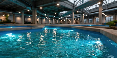 Fototapeta premium Indoor pool with turquoise lit water in a modern industrial hall for wellness background and spa banner design