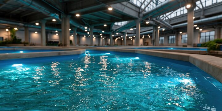 Indoor pool with turquoise lit water in a modern industrial hall for wellness background and spa banner design