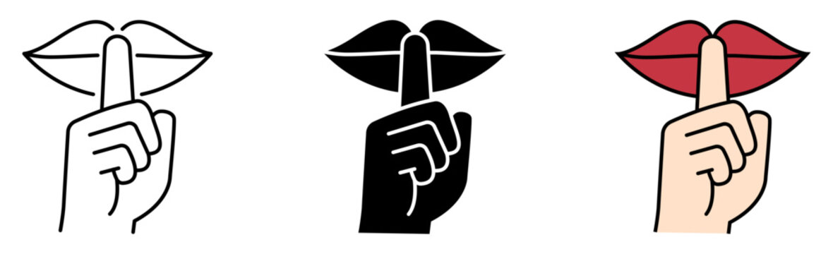 Silence gesture icon set showing finger on lips in outline, filled, and colored styles. Perfect for mute, quiet, privacy, secrecy, warning, communication, web and app.