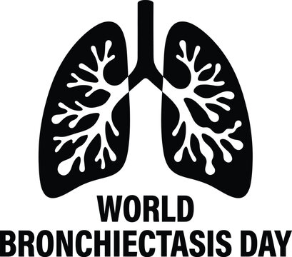 Black and white stencil of human lungs with bronchial tree anatomy and the text bronchiectasis day underneath on a white background
