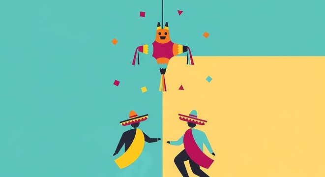 Festive Mexican celebration with pi&ntilde;ata and dancers.
