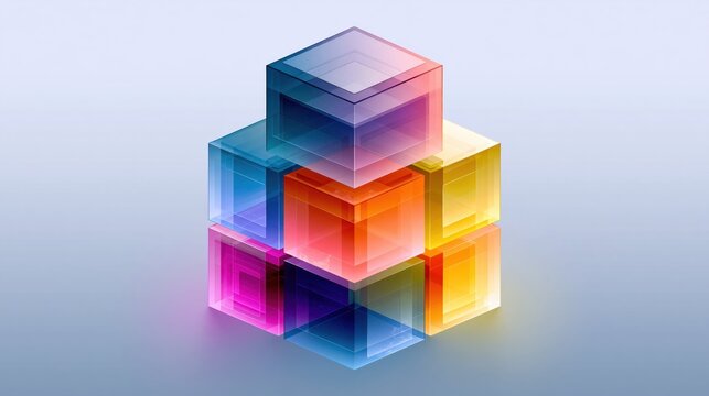 Cubes made of transparent material are stacked in a geometric formation with soft lighting effects.