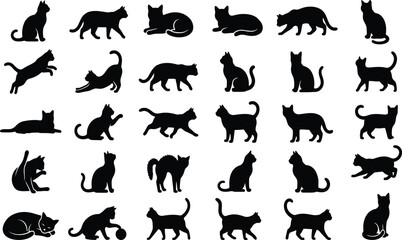 Collection Of Black Cat Silhouettes Vector Illustration With Various Poses And Outlines black cat cat silhouette feline figure animal shape © Joinal