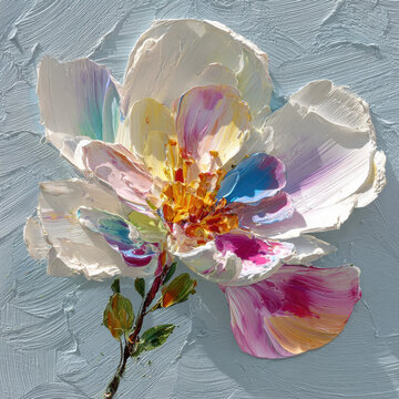 White flower abstract floral thick paint texture pastel petal blossom impasto canvas art painting botanical composition blue background pink yellow green brushstroke oil paint palette knife bloom
