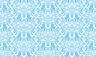 Fototapeta premium Floral pattern. Seamless vector background. Vintage wallpaper in the Baroque style. White and blue ornament for fabric, wallpaper, packaging. Ornate Damask flower illustration