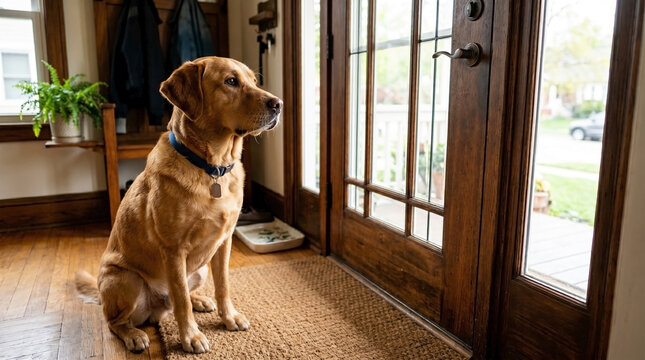 Dog waiting at door for family arrival with attention on entrance, home interior showcasing wooden decor and natural light. Dog eagerly anticipates family members coming home,