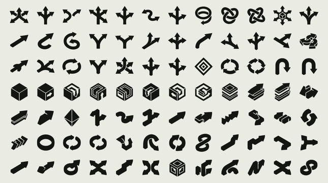 Set of black isometric arrow icons and navigation symbols