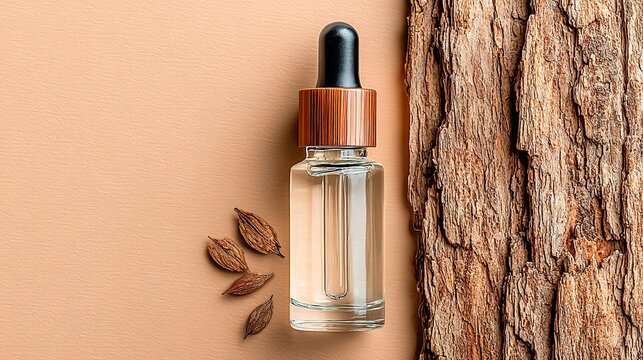 Minimal High Angle Studio Composition with Clear Dropper Bottle, Tree Bark and Green Leaves on Peach Background