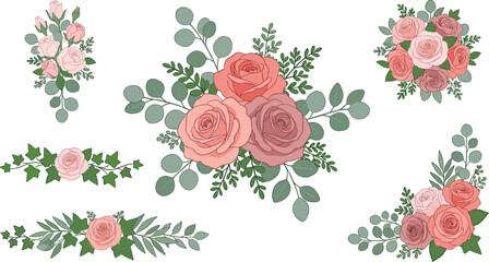 Elegant rose flower bouquets vector set with green eucalyptus leaves botanical wedding arrangement collection isolated illustrations. © Sukhi