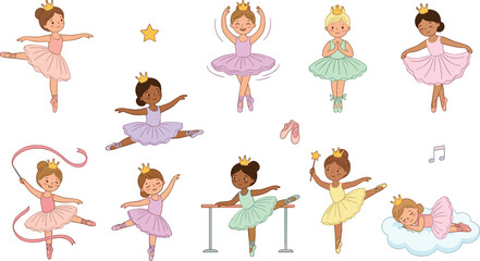 Cute cartoon little ballerina princess girls vector set with diverse dance poses isolated kids design illustrations. © Sukhi