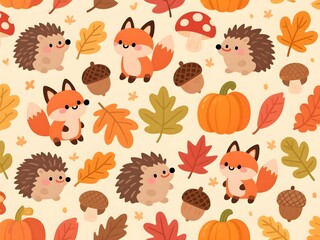 Fototapeta premium Autumn Greeting Seasons Seamless Pattern with Tiny Forest Friends and Falling Leaves