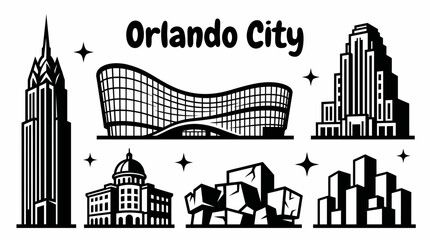 orlando city skyline urban architecture downtown landmark travel tourism america usa landscape set collection metropolitan business culture modern historic destination with theme park lake florida © samira
