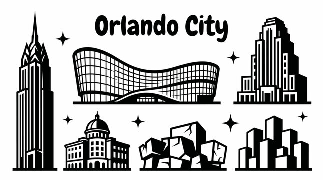orlando city skyline urban architecture downtown landmark travel tourism america usa landscape set collection metropolitan business culture modern historic destination with theme park lake florida