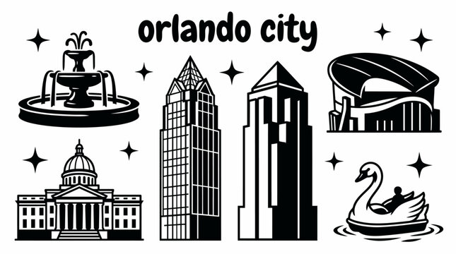 orlando city skyline urban architecture downtown landmark travel tourism america usa landscape set collection metropolitan business culture modern historic destination with theme park lake florida