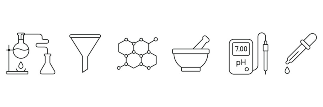 Chemistry laboratory equipment icon, science research tools, molecular structure and ph meter vector illustration.