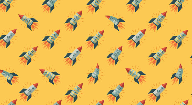 Repeating pattern of small cartoon space rockets with flames taking off on a vibrant yellow background, suitable for nursery or textile design.