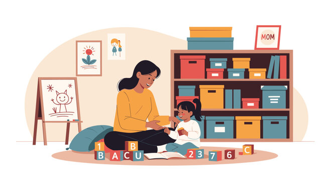 Kind female teacher or mother playing with a young child on a rug surrounded by alphabet blocks and a toy shelf in a bright preschool room.