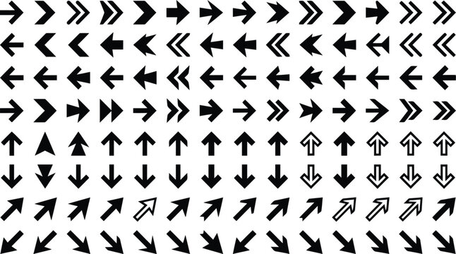 Set of black arrow icons pointing in many different directions